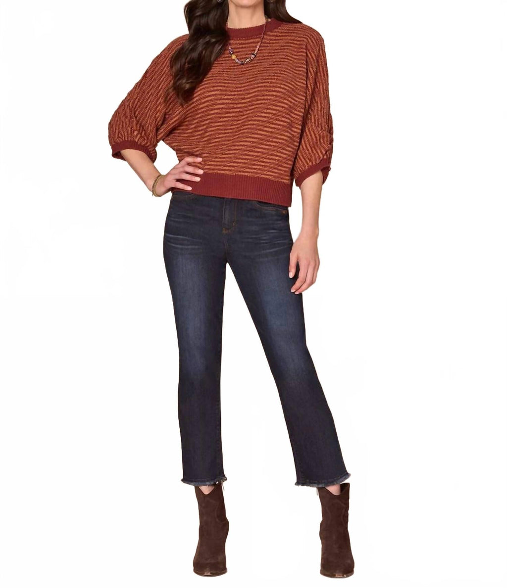 3/4 Dolman Sleeve Banded Hem Bias Stitch Sweater In Brown