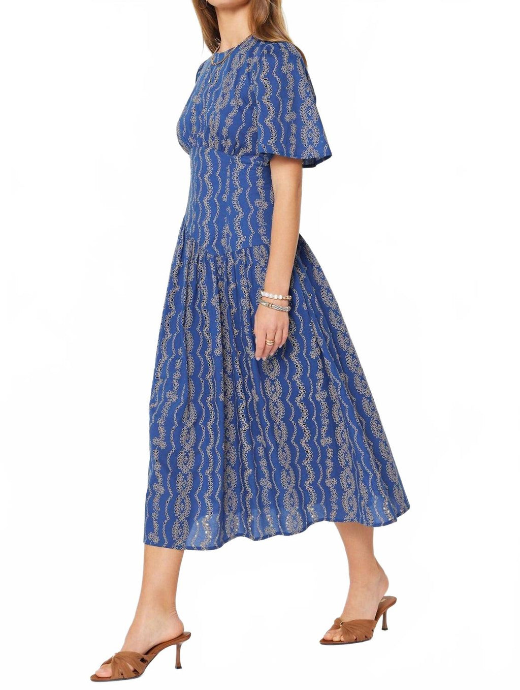 Embroidered Half Sleeve Maxi Dress In Blue