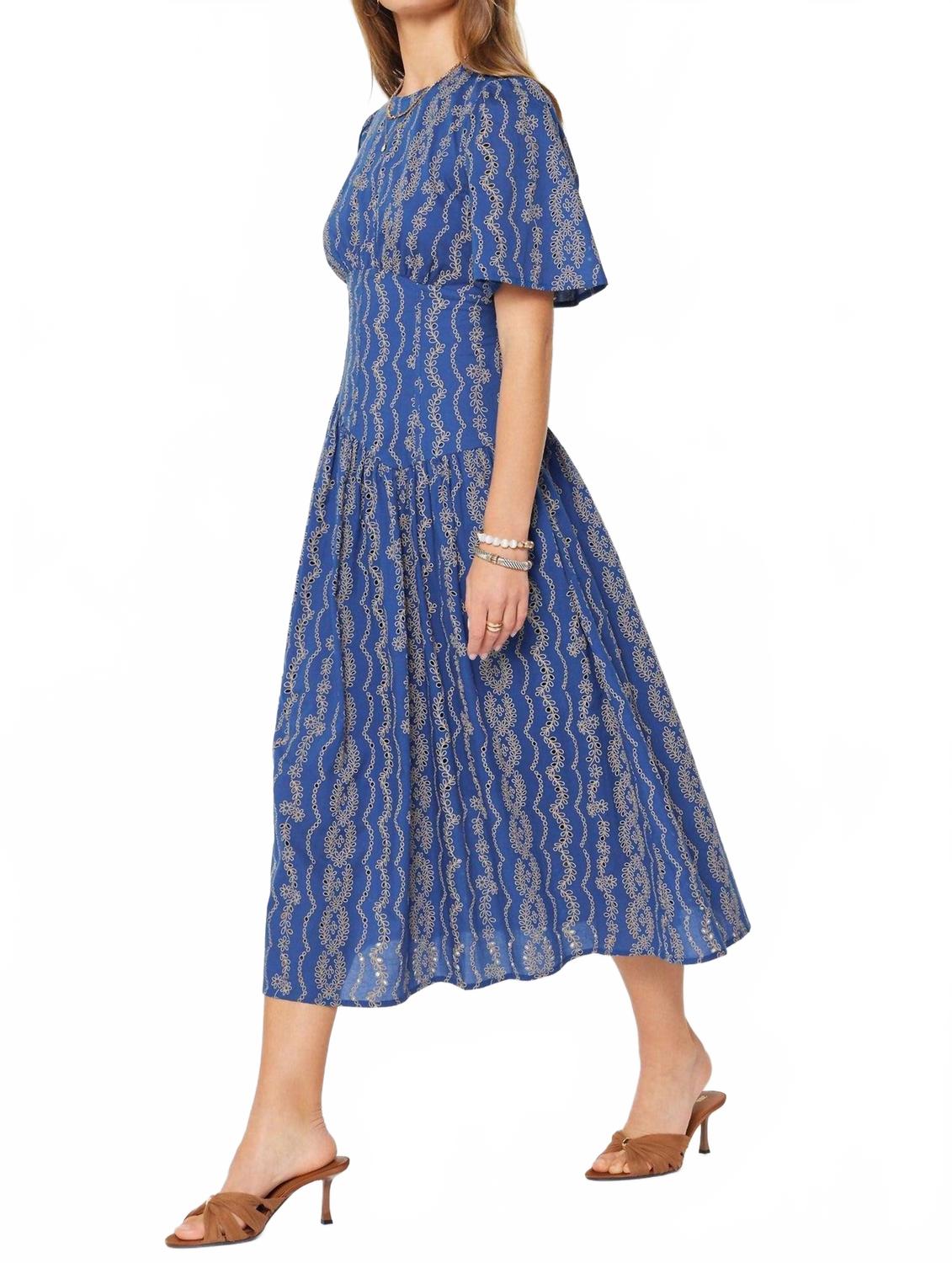 Embroidered Half Sleeve Maxi Dress In Blue