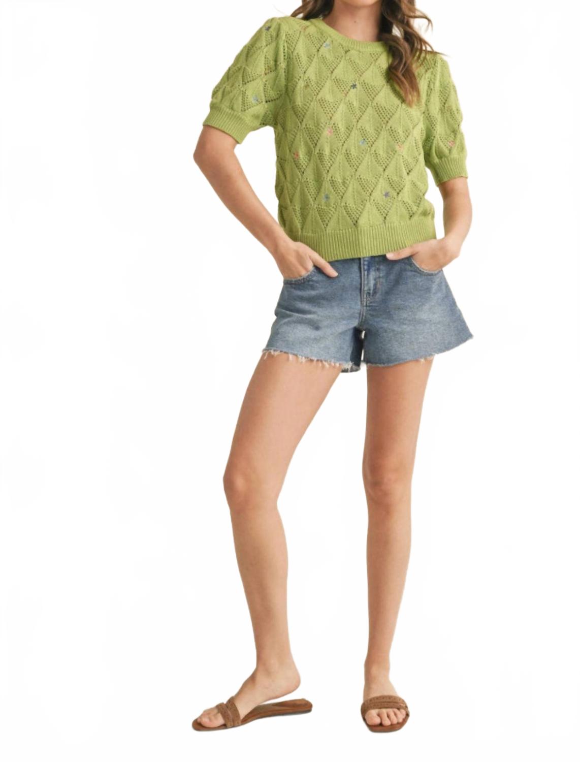 Embroidered Flower Short Sleeve Sweater In Lime