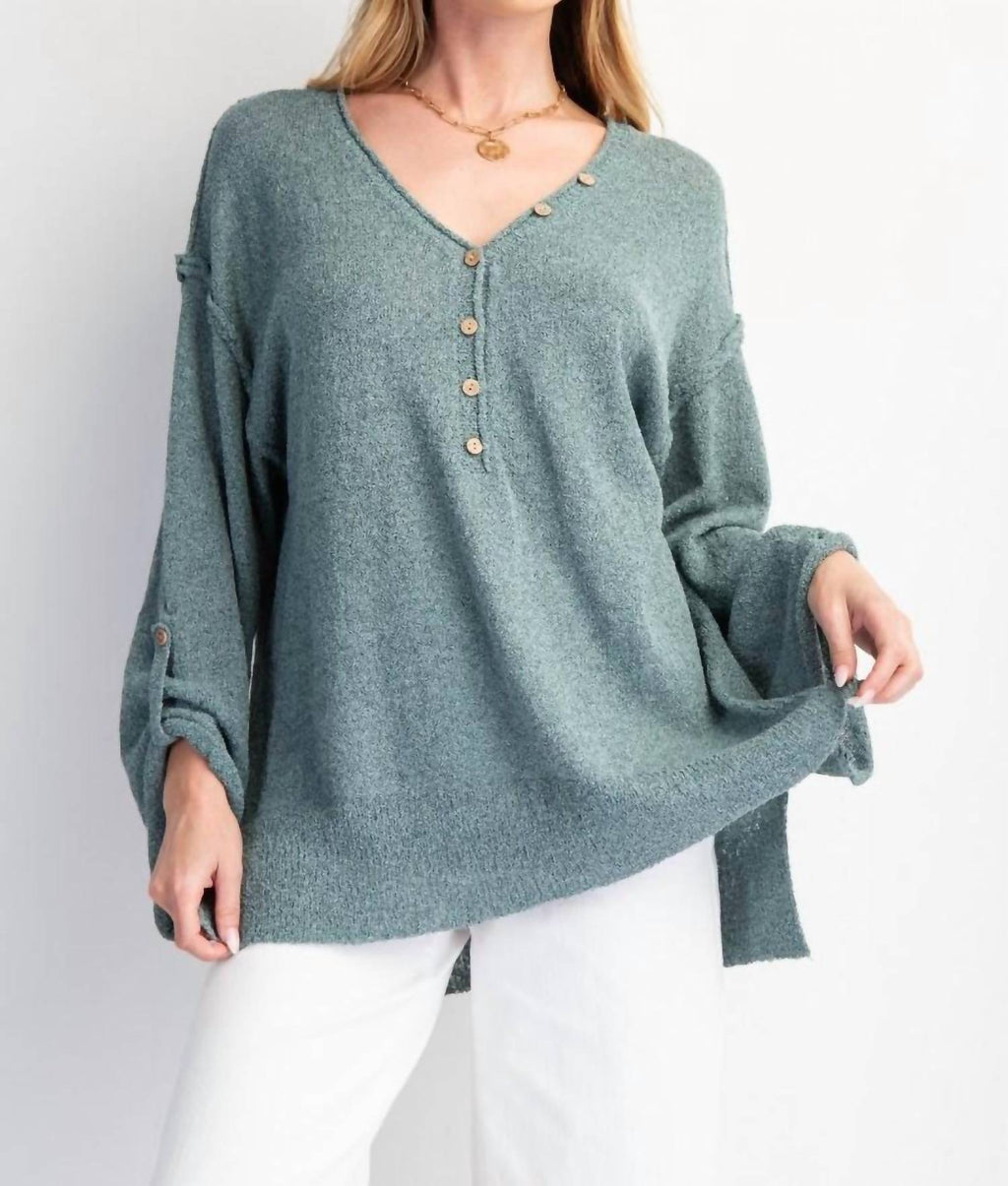 V-Neckline Knit Button Detail Sweater In Teal Green