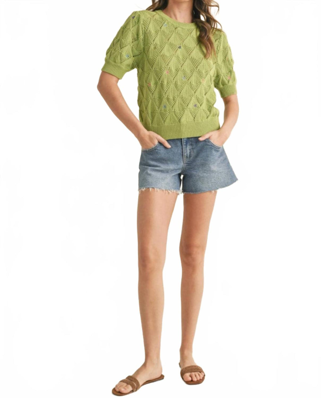 Embroidered Flower Short Sleeve Sweater In Lime