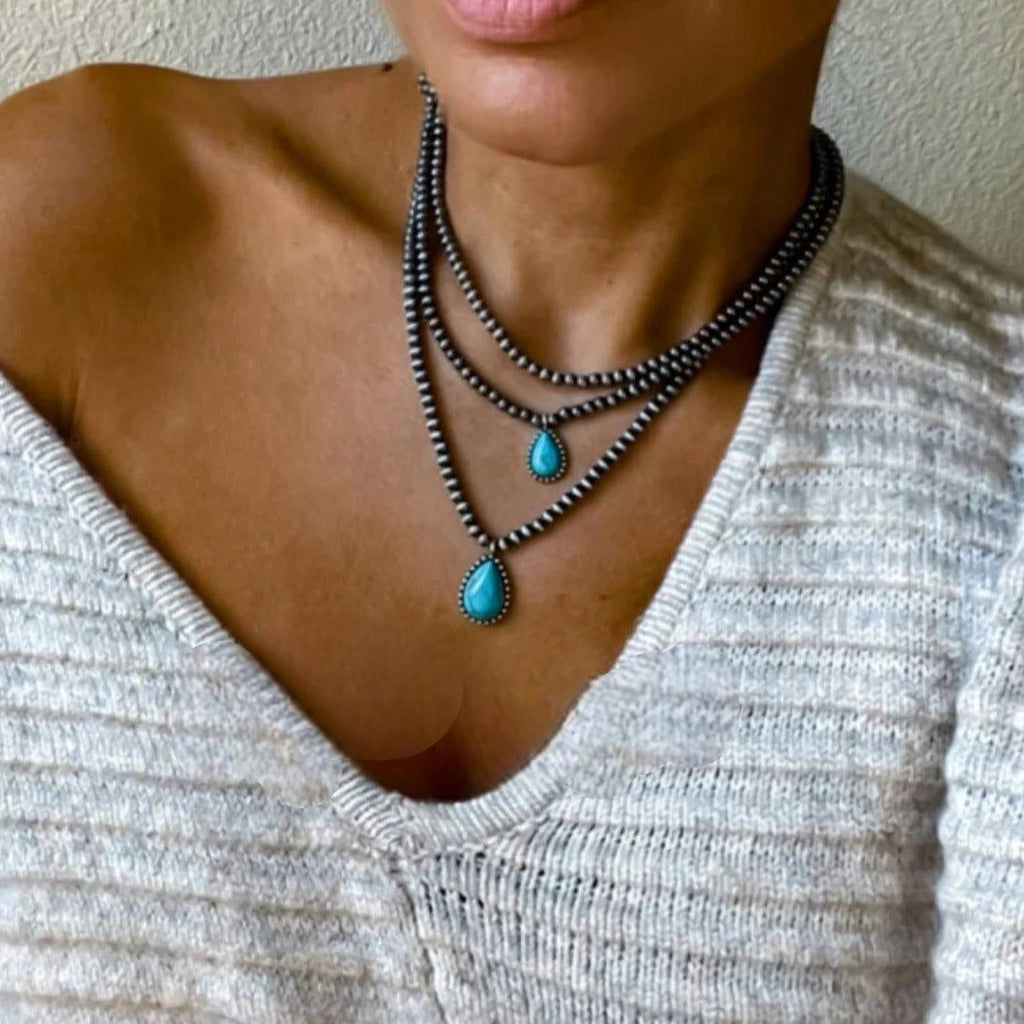 Women's Navajo Bead Teardrop Multi Layer Necklace In Turquoise