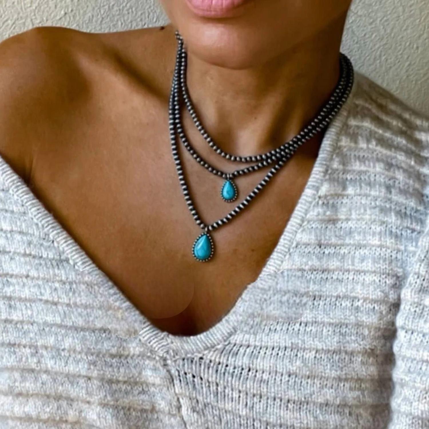 Women's Navajo Bead Teardrop Multi Layer Necklace In Turquoise