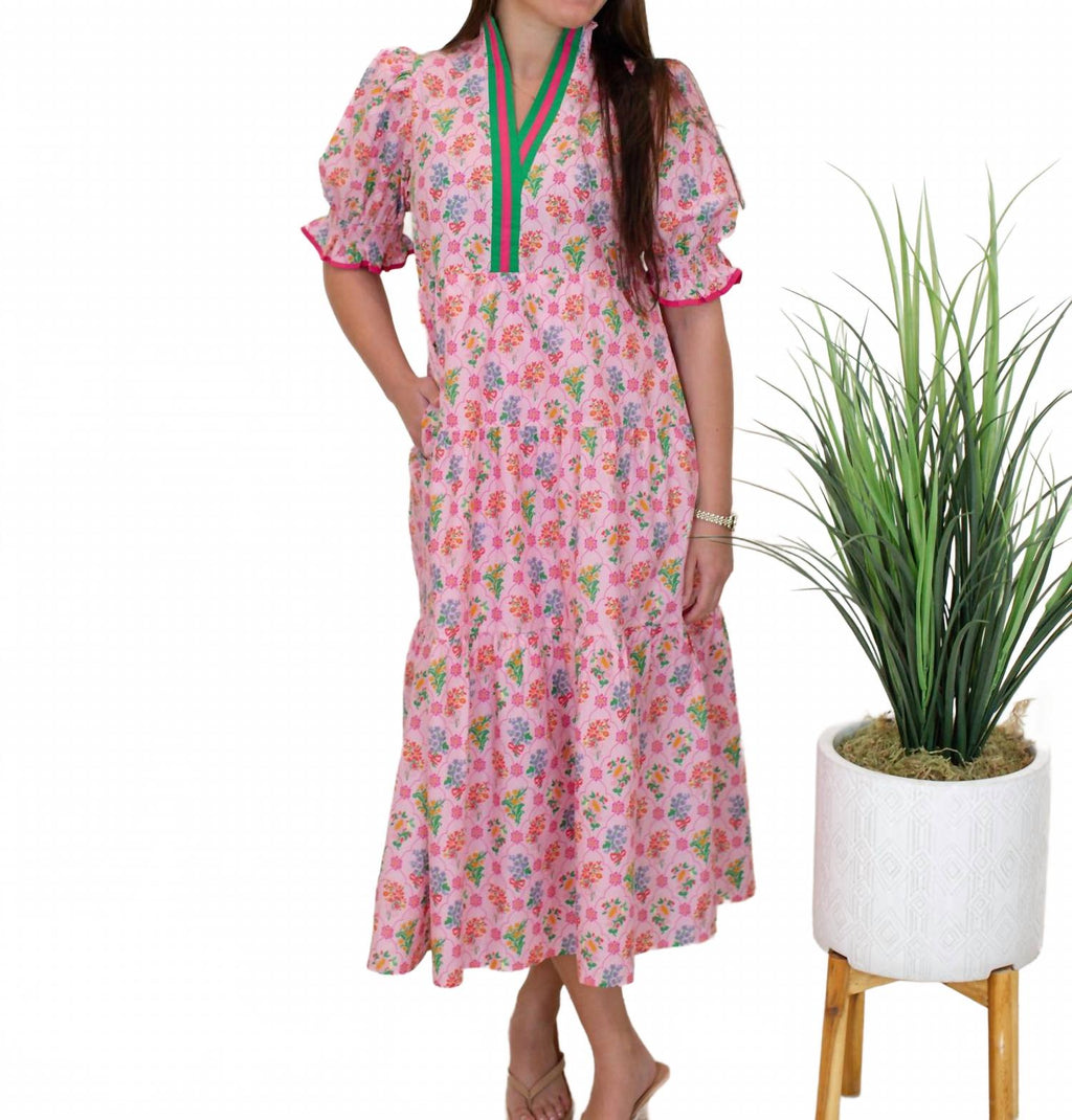 Floral Print Puff Sleeve Midi Dress In Pink Multi