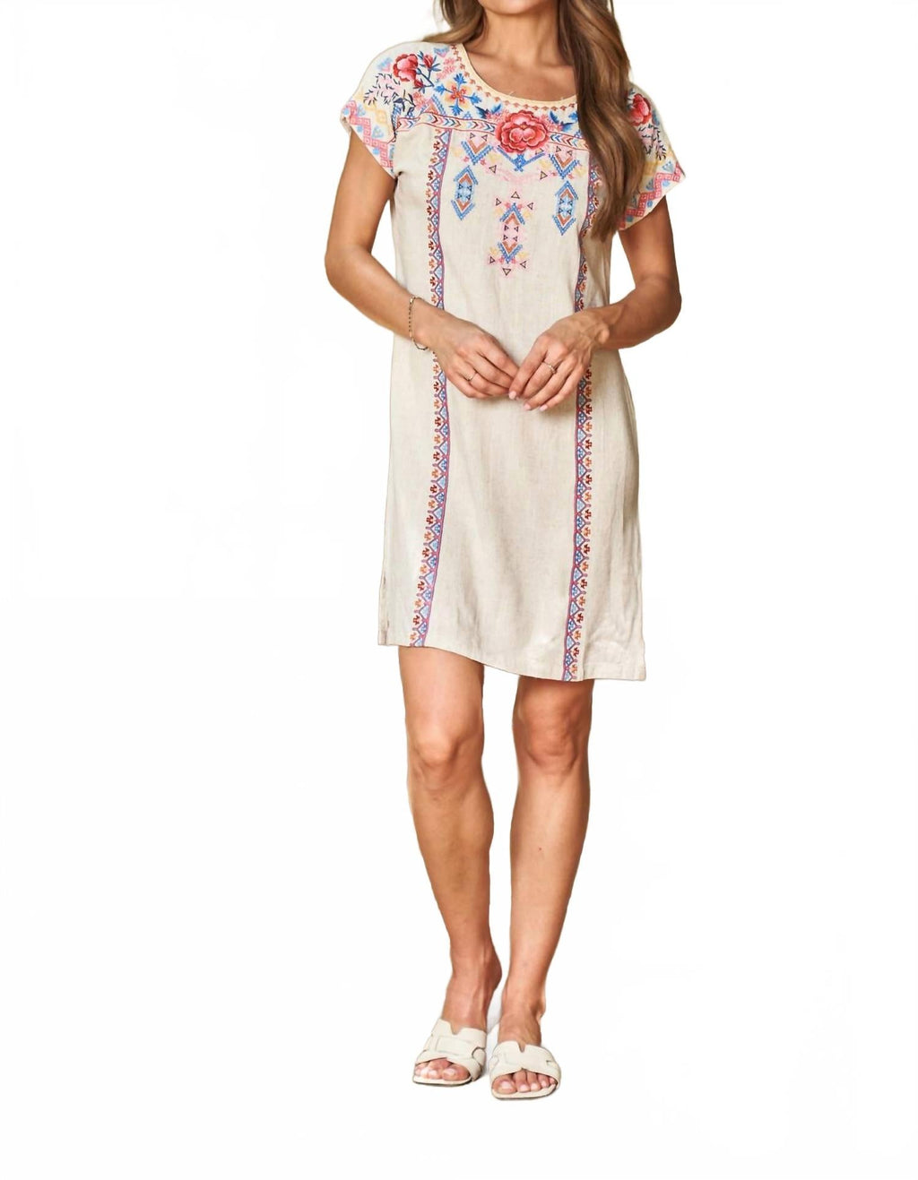 Linen Blend Embroidered Shift Dress In Oatmeal