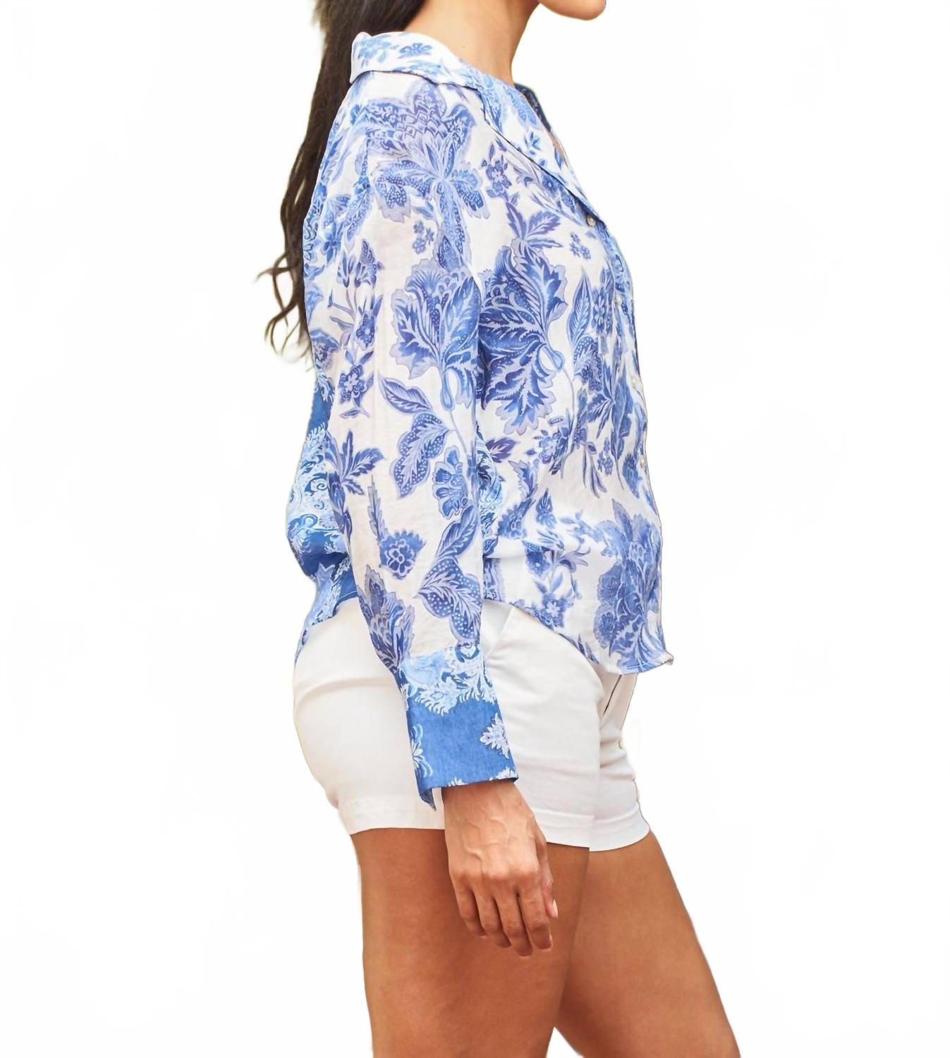 Print Mix Voile Button Front Shirt In Blue Combo