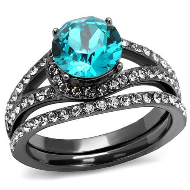IP Light Black Stainless Steel Ring with Top Grade Crystal in Blue Zircon
