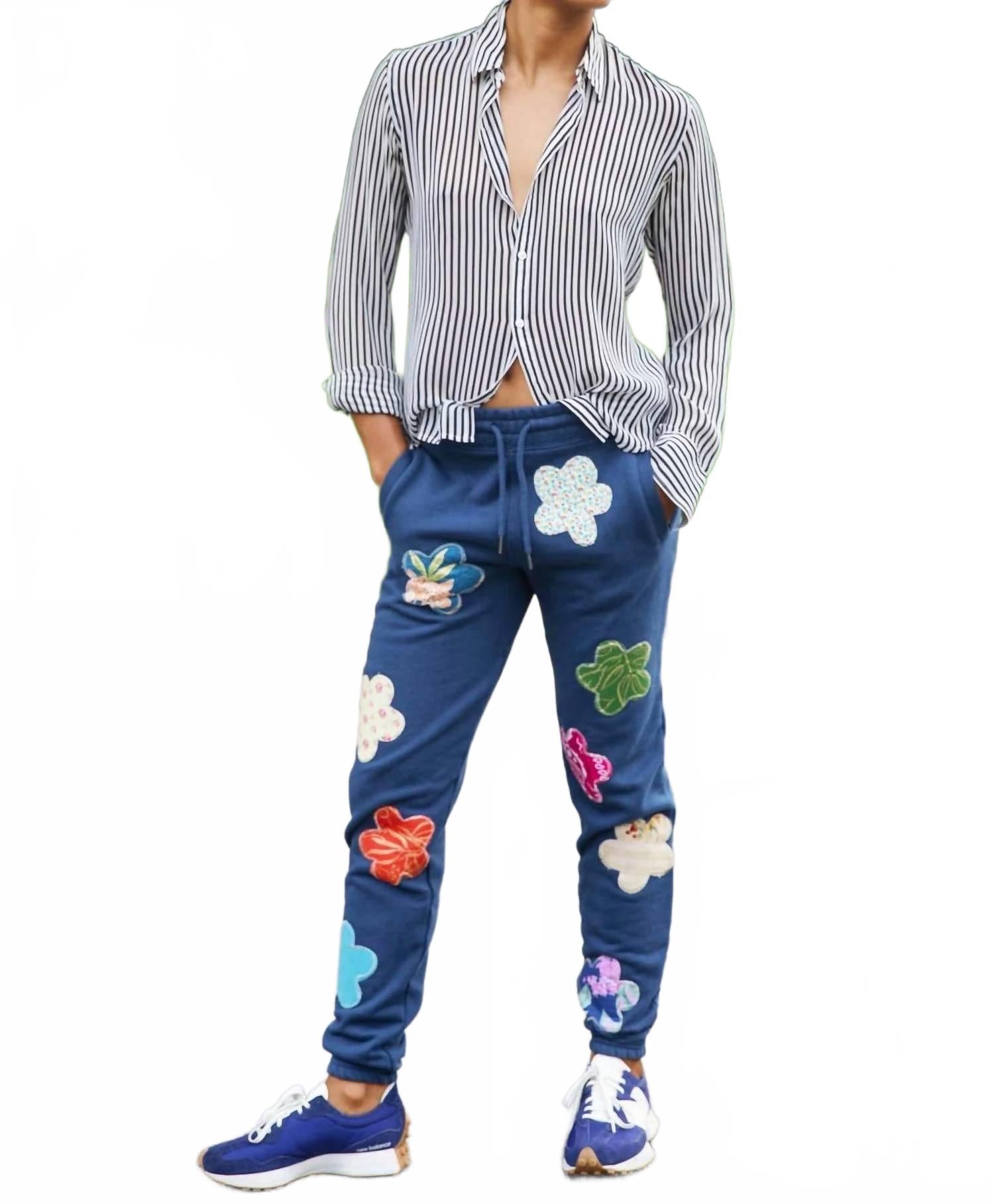Mixed Print Floral Sweatpants In Navy