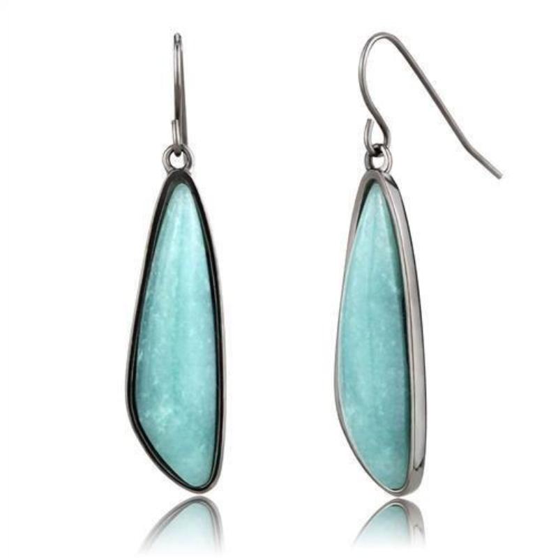 IP Light Black Stainless Steel Earrings with Semi-Precious Amazon Stone in Emerald