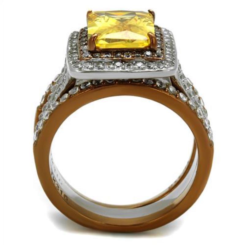 Two Tone IP Light Brown (IP Light coffee) Stainless Steel Ring with AAA Grade CZ in Topaz