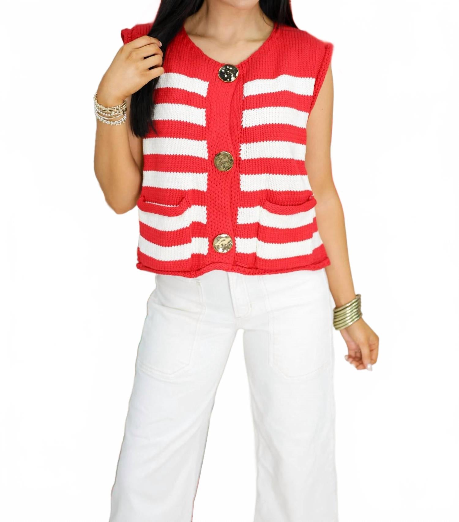 Sleeveless Striped Button Down Knit Sweater Vest In Red