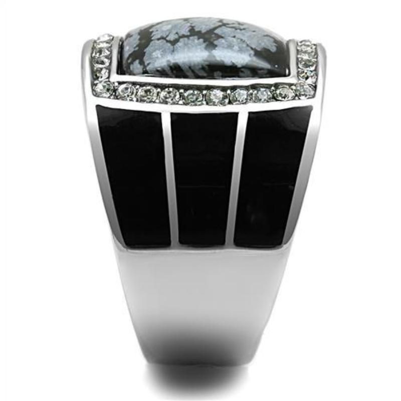 High polished (no plating) Stainless Steel Ring with Semi-Precious Snowflake Obsidian in Jet