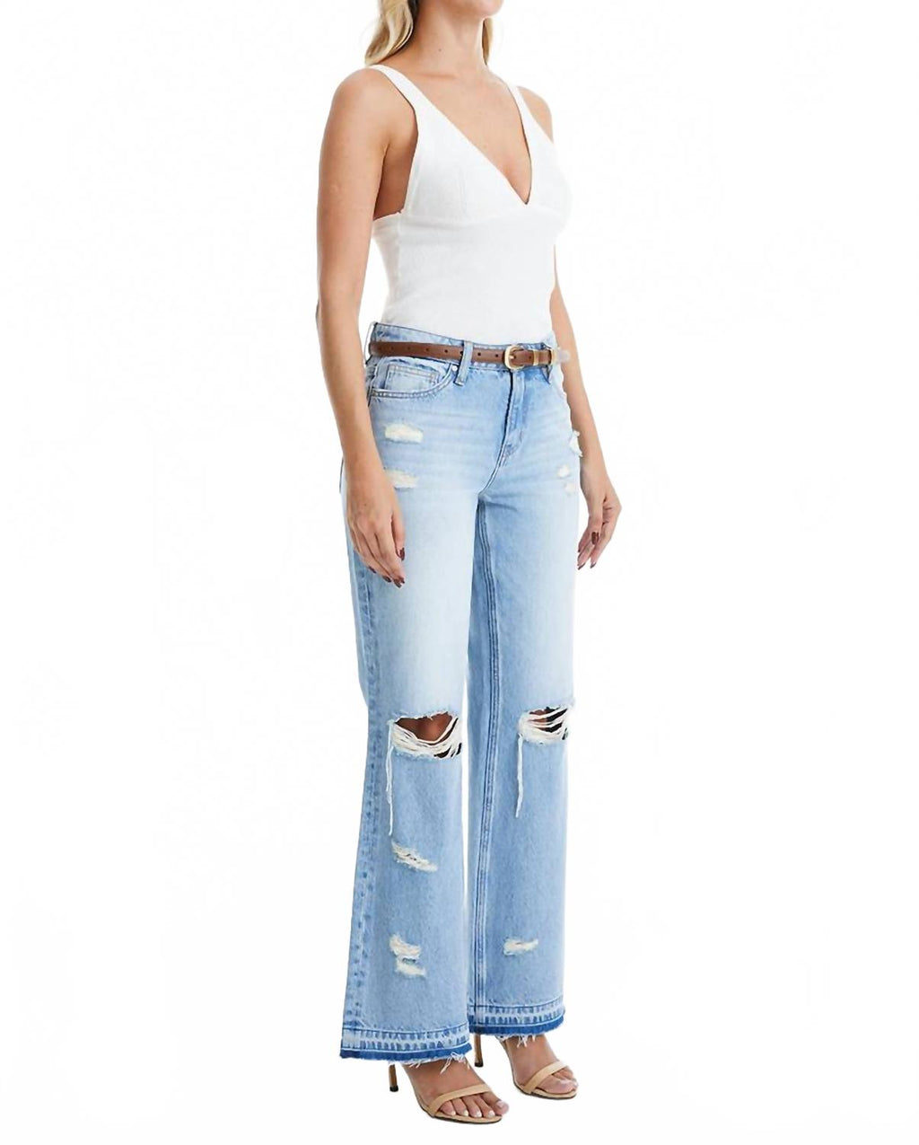 High Rise Distressed Bootcut Raw Hem Jeans In Azure