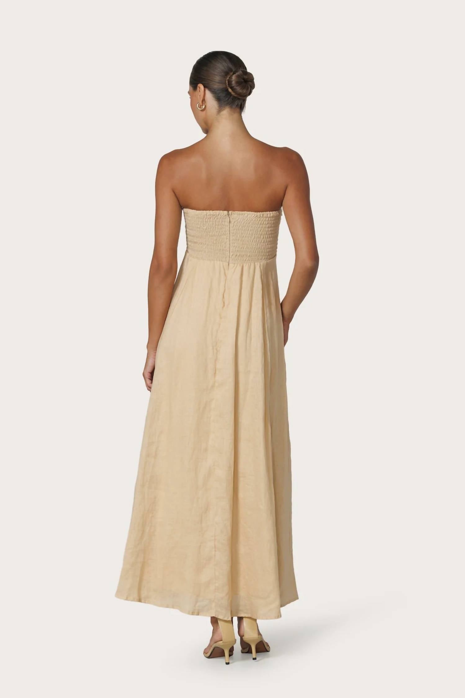 Talia Pintuck Linen Maxi Dress In Champange