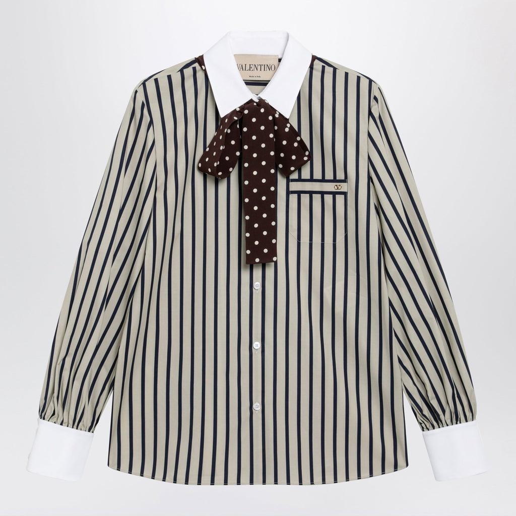 Valentino Striped Cotton Shirt With Scarf In Beige And Blue Women