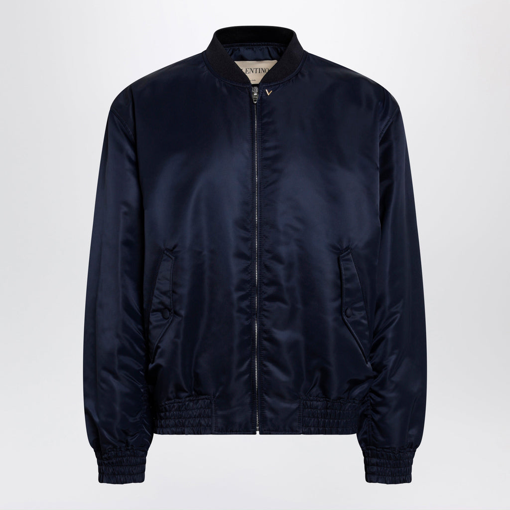 Valentino Shiny Navy Blue Zip-Up Bomber Jacket With Vlogo Men