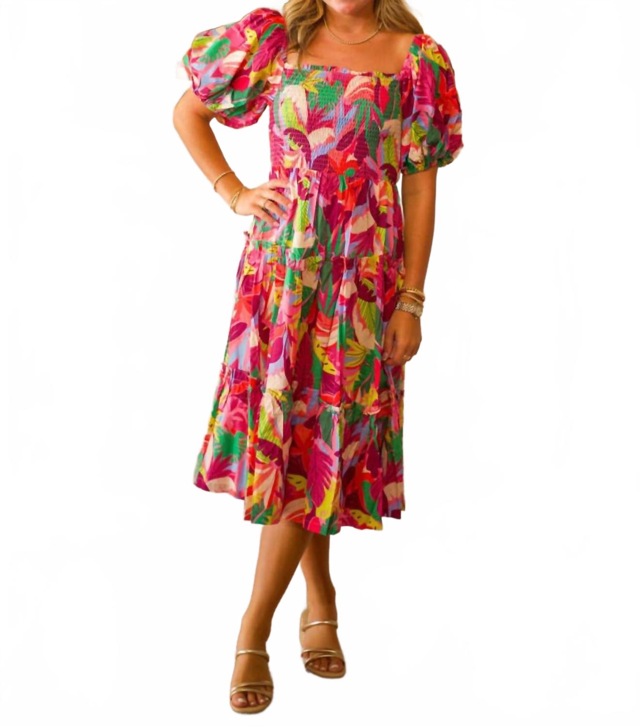 Square Neck Midi Dress In Pink Multi