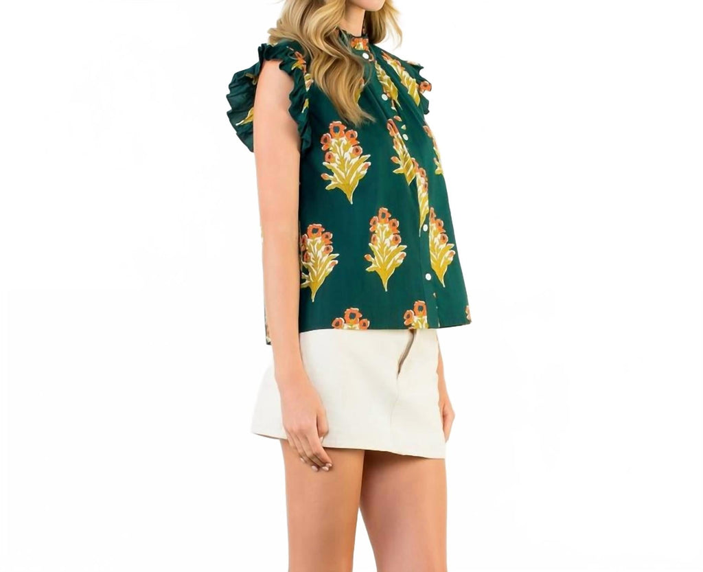 Flutter Sleeve Floral Blouse In Green