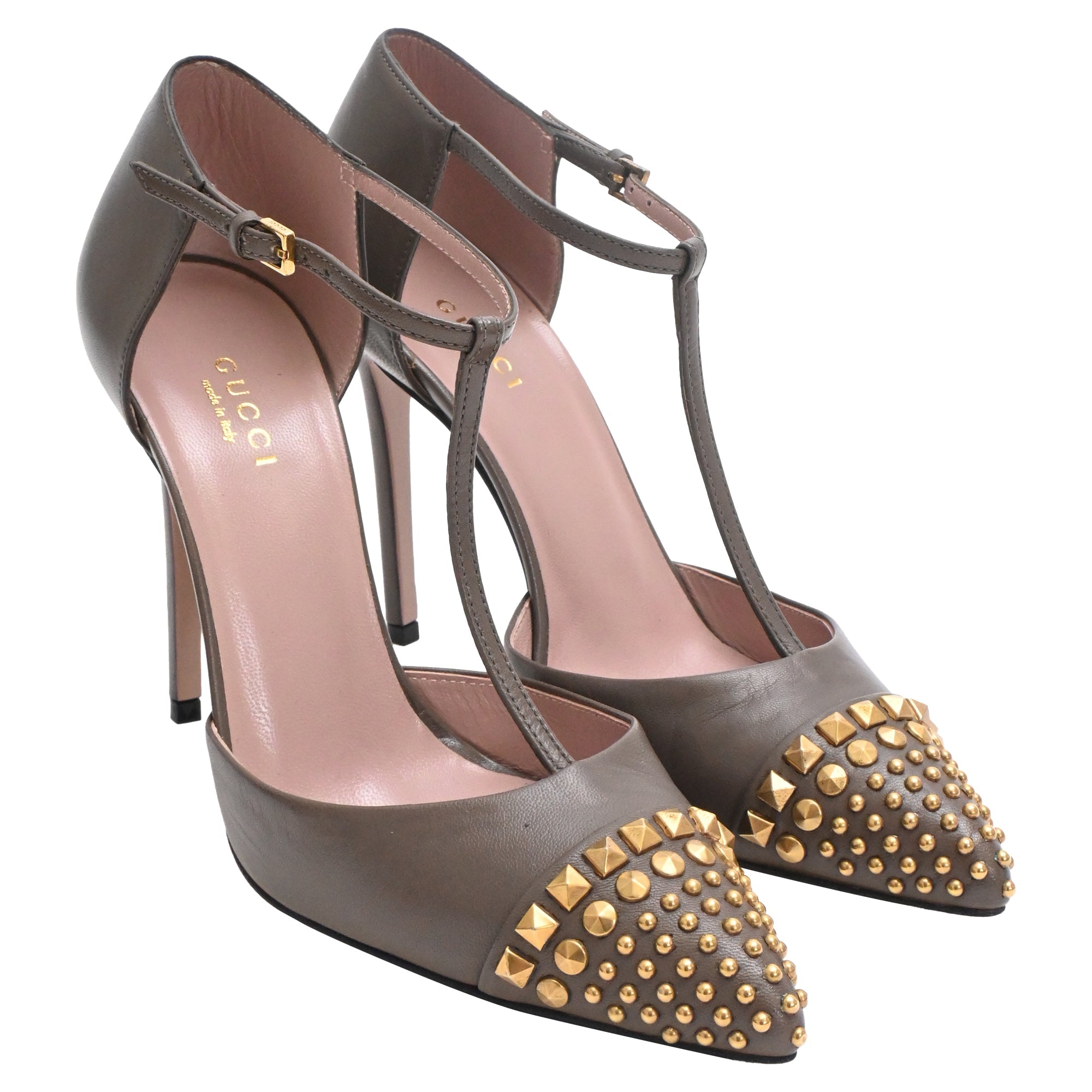 Gucci Studded Coline T-Strap Pumps in Brown Leather