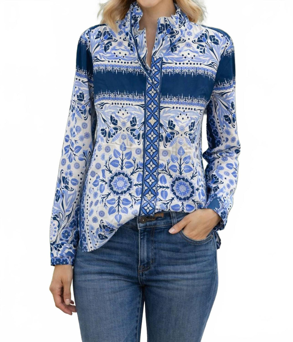 Elizabeth Long Sleeve Blouse In White/navy