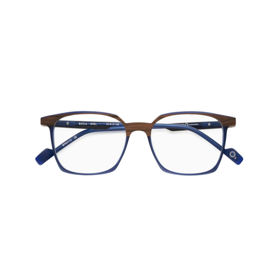 Borja Wood-Textured Rectangular Eyeglasses with Blue Accents