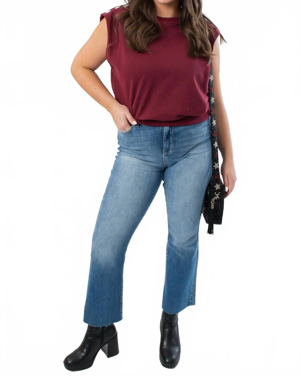 Studded Sleeveless Top In Burgundy
