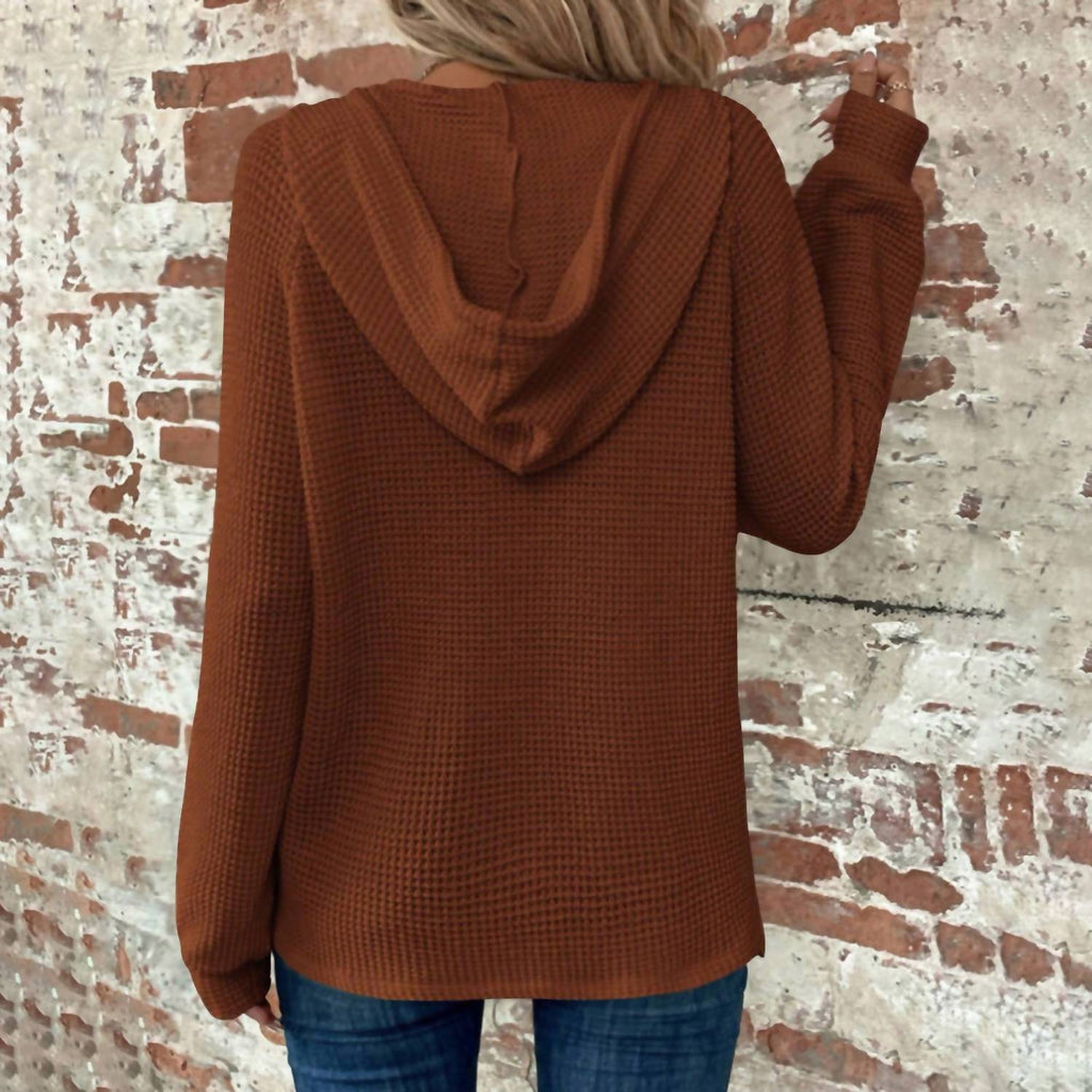 Waffle Button-Up Hoodie Pullover In Caramel