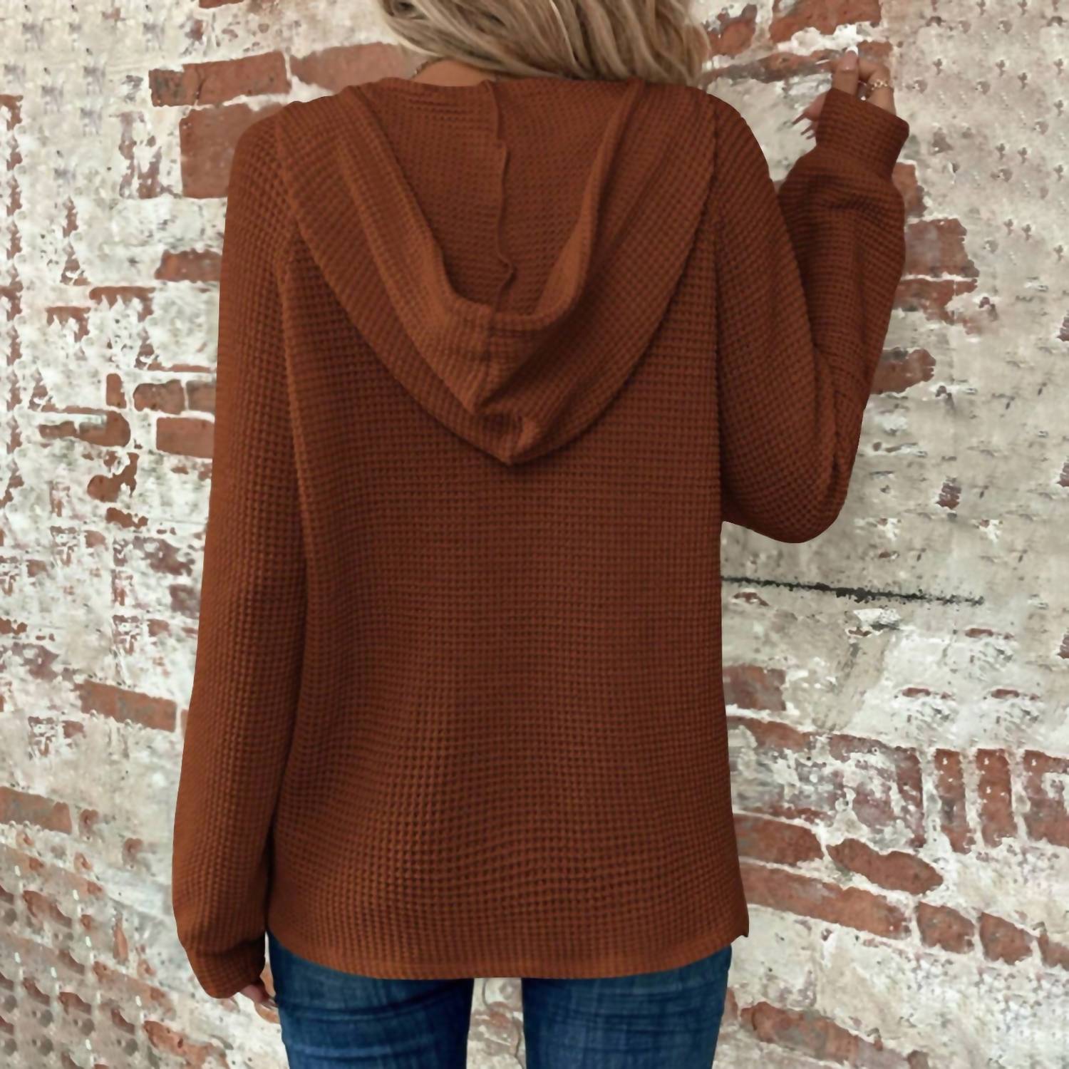Waffle Button-Up Hoodie Pullover In Caramel