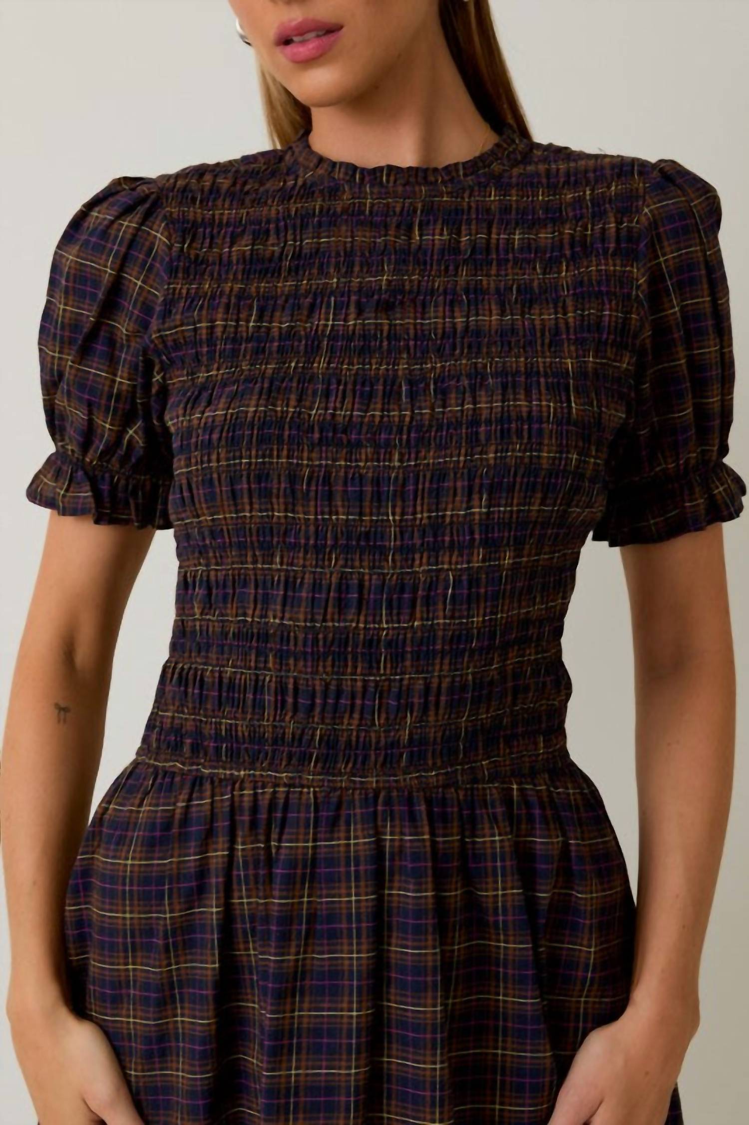Mock Neck Smocked Mini Dress In Navy Multi
