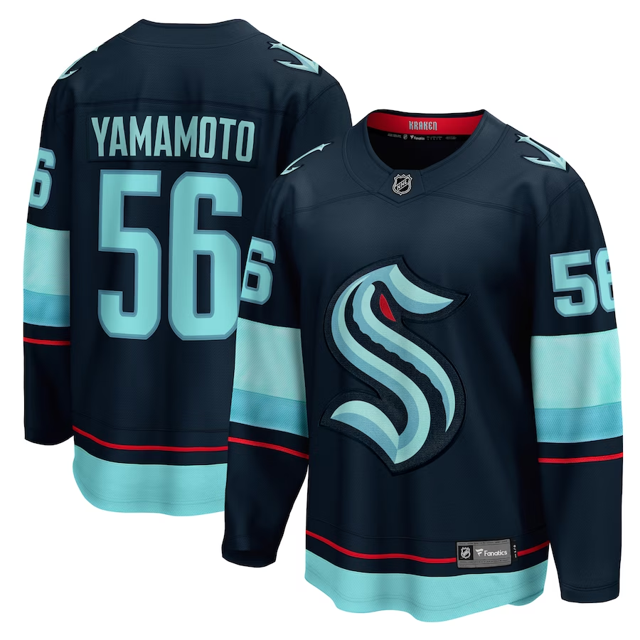 Men's Seattle Kraken Kailer Yamamoto #56 Deep Sea Blue Home Breakaway Player jersey