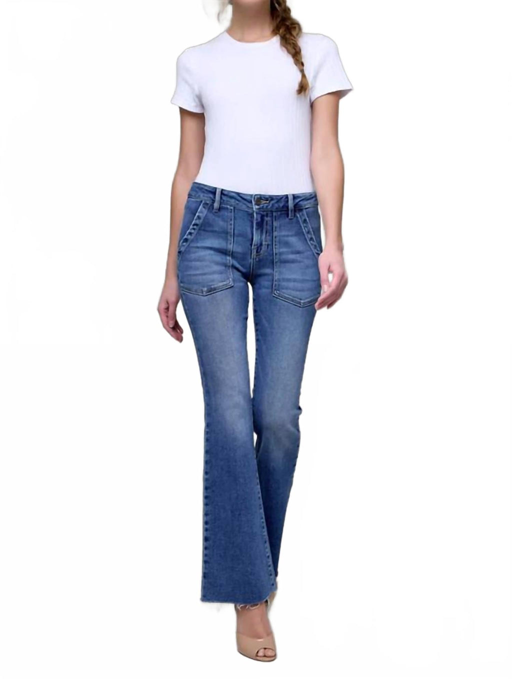 Happi Patch Pockets Flare Jeans In Medium/dark