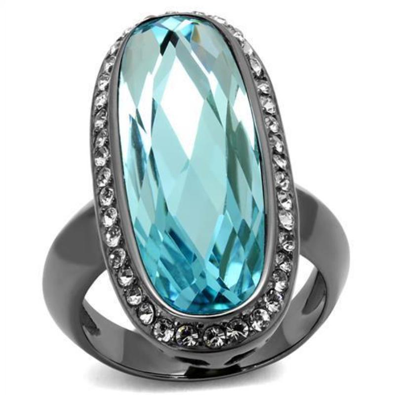 IP Light Black Stainless Steel Ring with Top Grade Crystal in Sea Blue