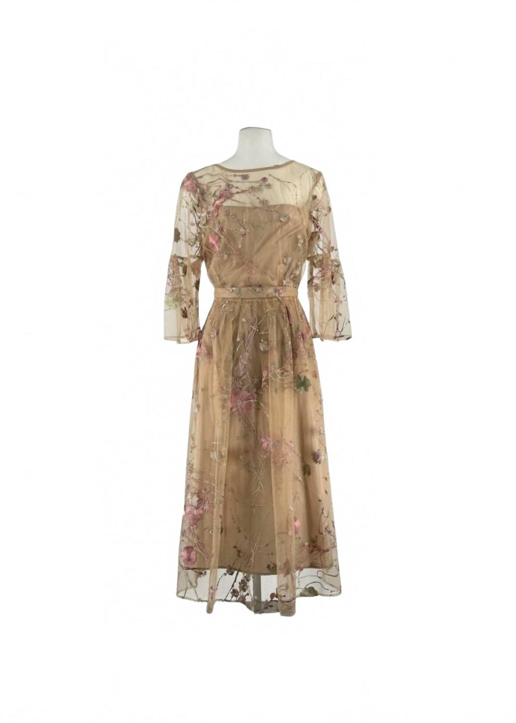Sheer Floral Embroidered Midi Dress In Tan