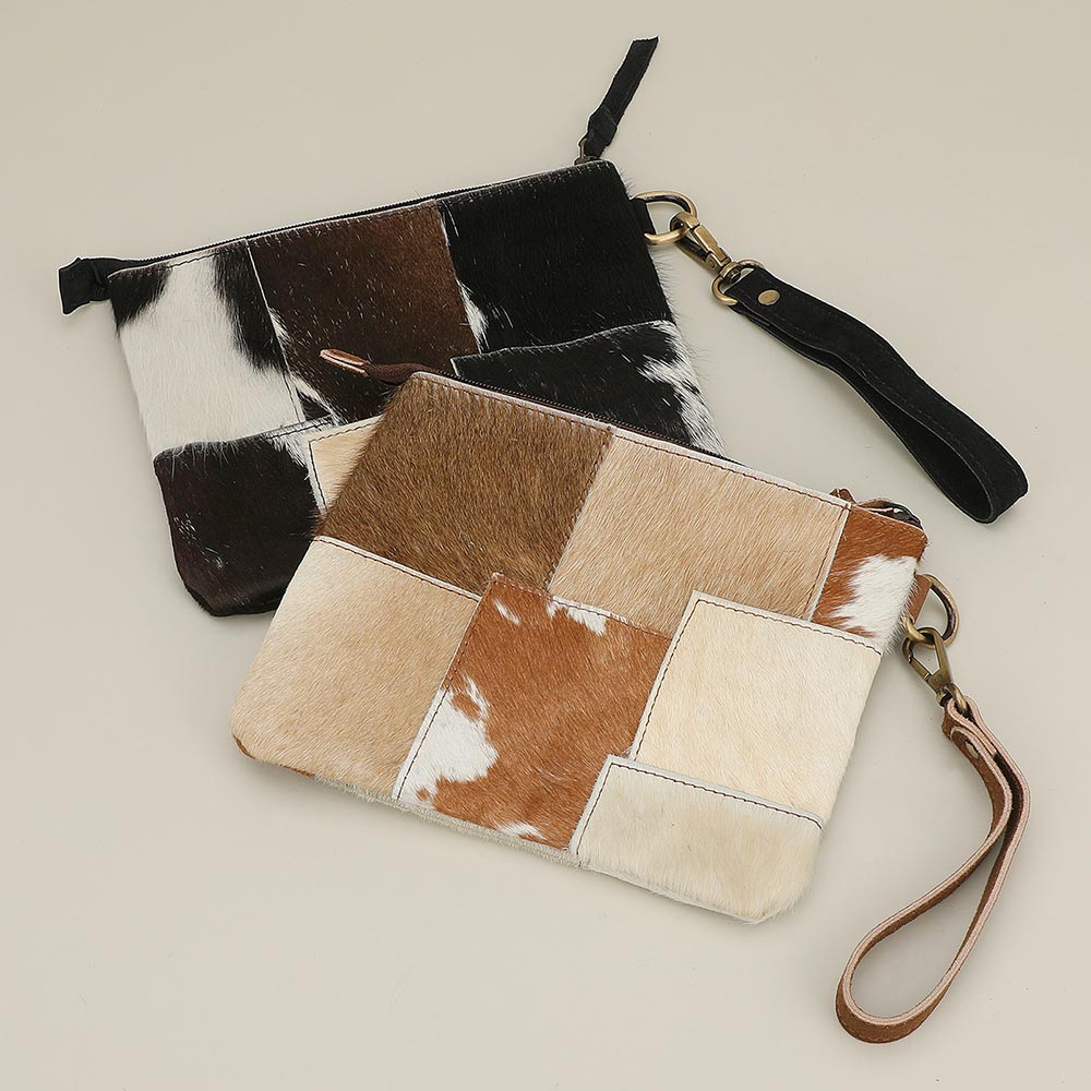 Genuine Leather Cowhide Calf Fur Patchwork Wristlet Pouch Clutch Bag