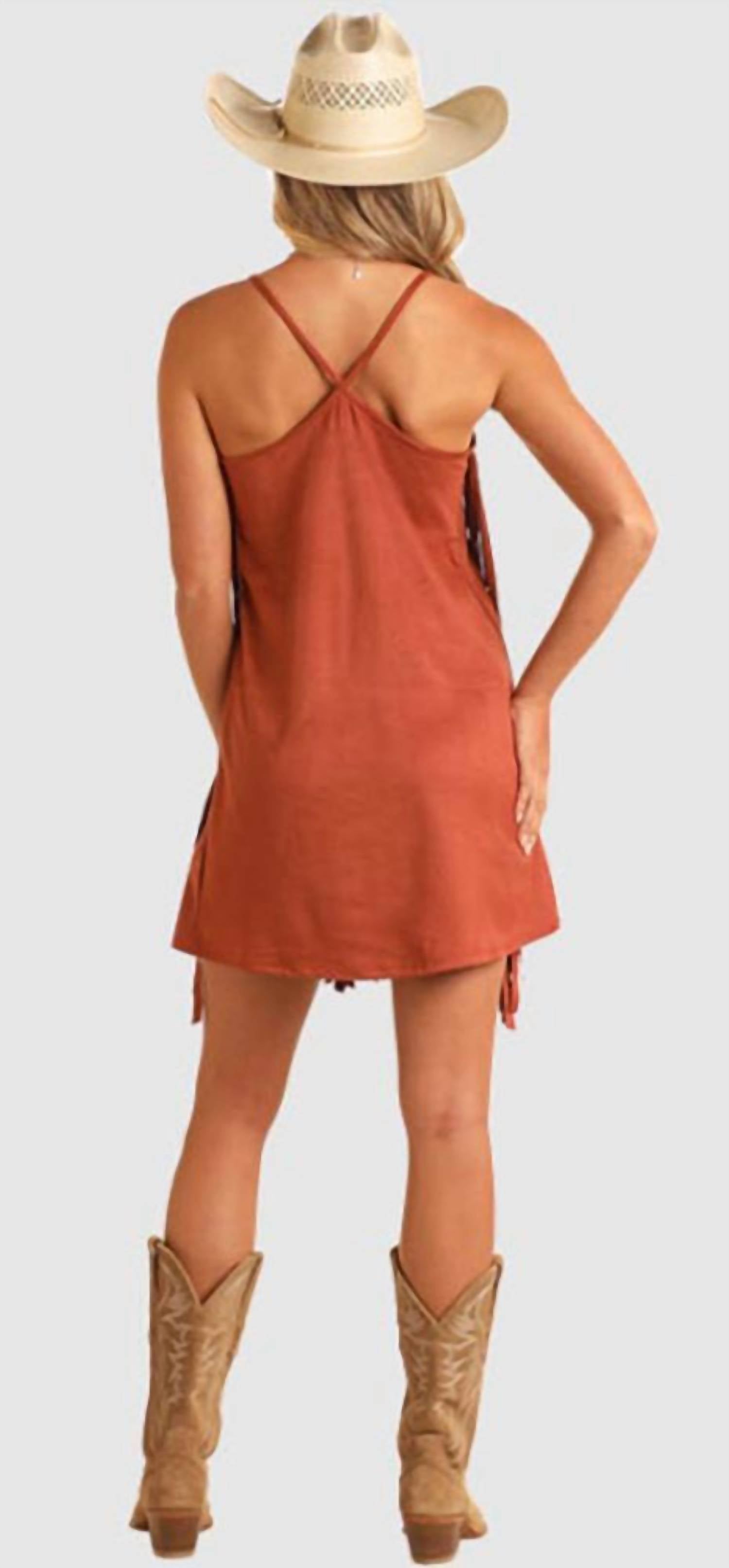 Women's Microsuede Fringe Dress In Camel