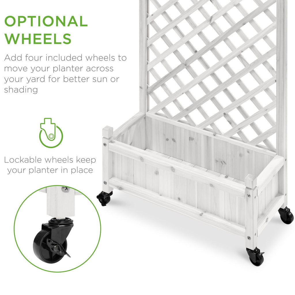 Best Choice Products Set of 2 48in Wood Planter Box & Diamond Lattice Trellis, w/ Drainage, Optional Wheels - White