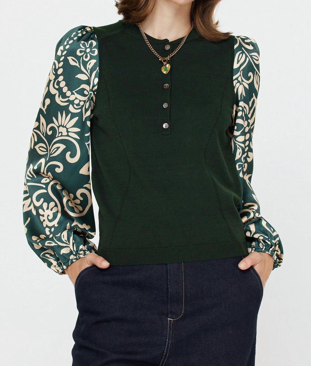 Mandarin Collar Combo Sweater Top In Green Multi