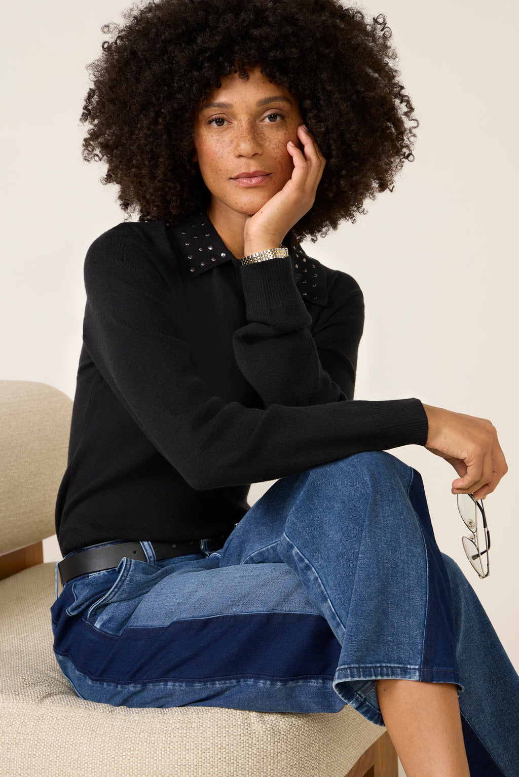 Women's Matty Studded Collar Polo Sweater Top