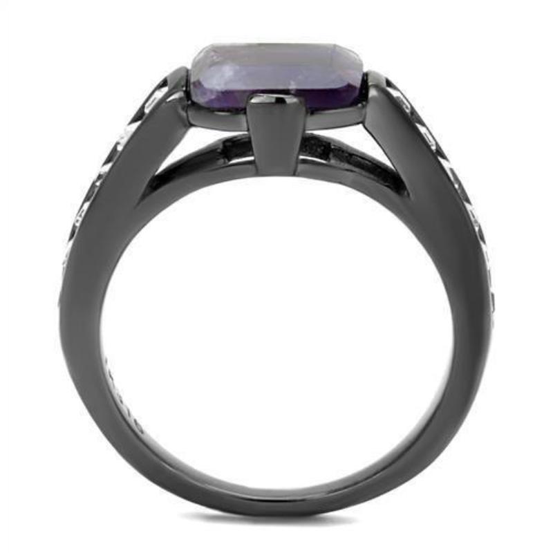 IP Light Black Stainless Steel Ring with Precious Stone Amethyst Crystal in Amethyst