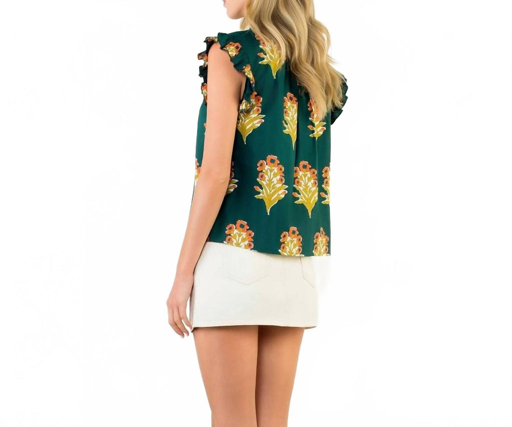 Flutter Sleeve Floral Blouse In Green