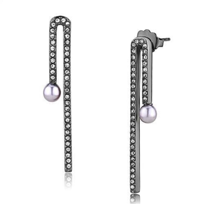 IP Light Black Stainless Steel Earrings with Synthetic Pearl in Light Amethyst