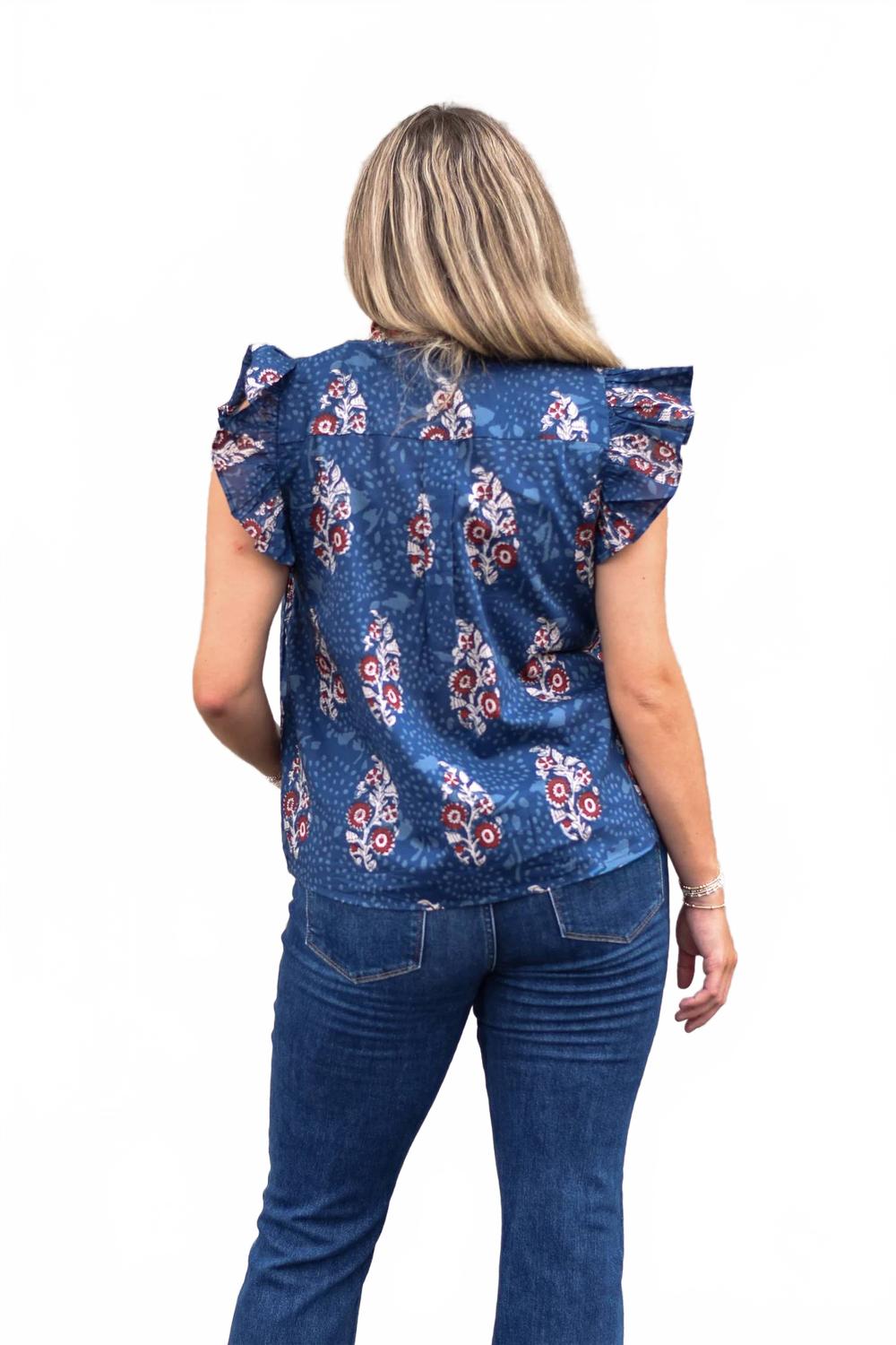 Flutter Sleeve Floral Print V Neck Top In Navy