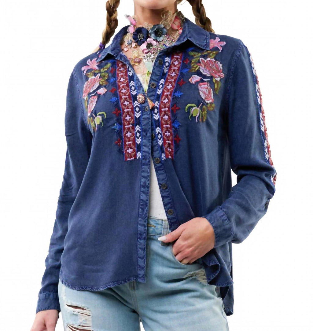 Crafted Embroidered Button-Down Shirt In Denim Blue