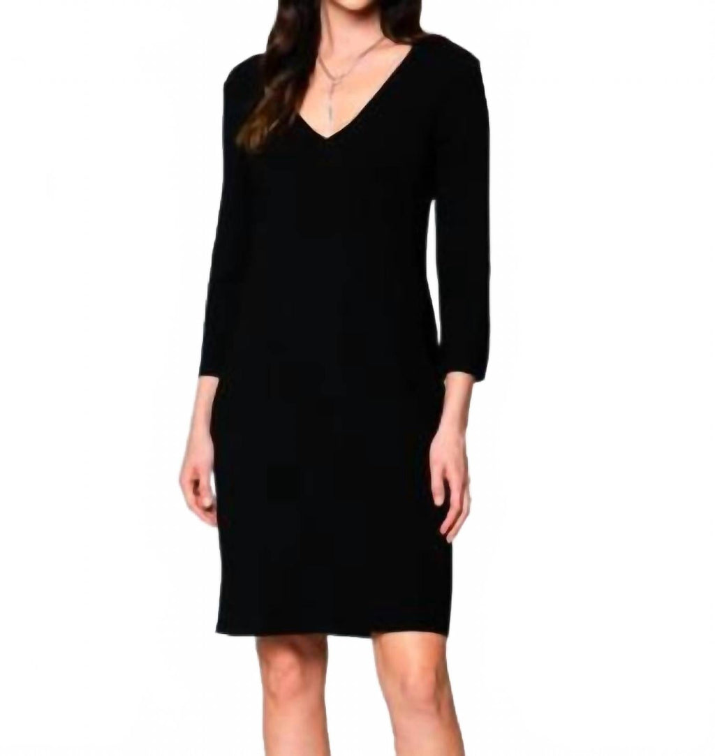 Vanessa Milano Knit Three Quarter Sleeves Sheath Midi Dress In Black