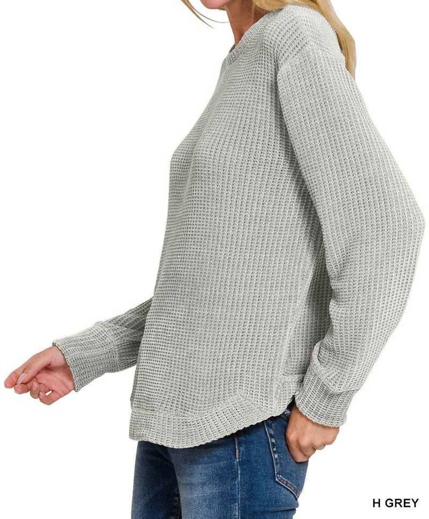 Chenille Waffle Round Neck Sweater In Heather Grey