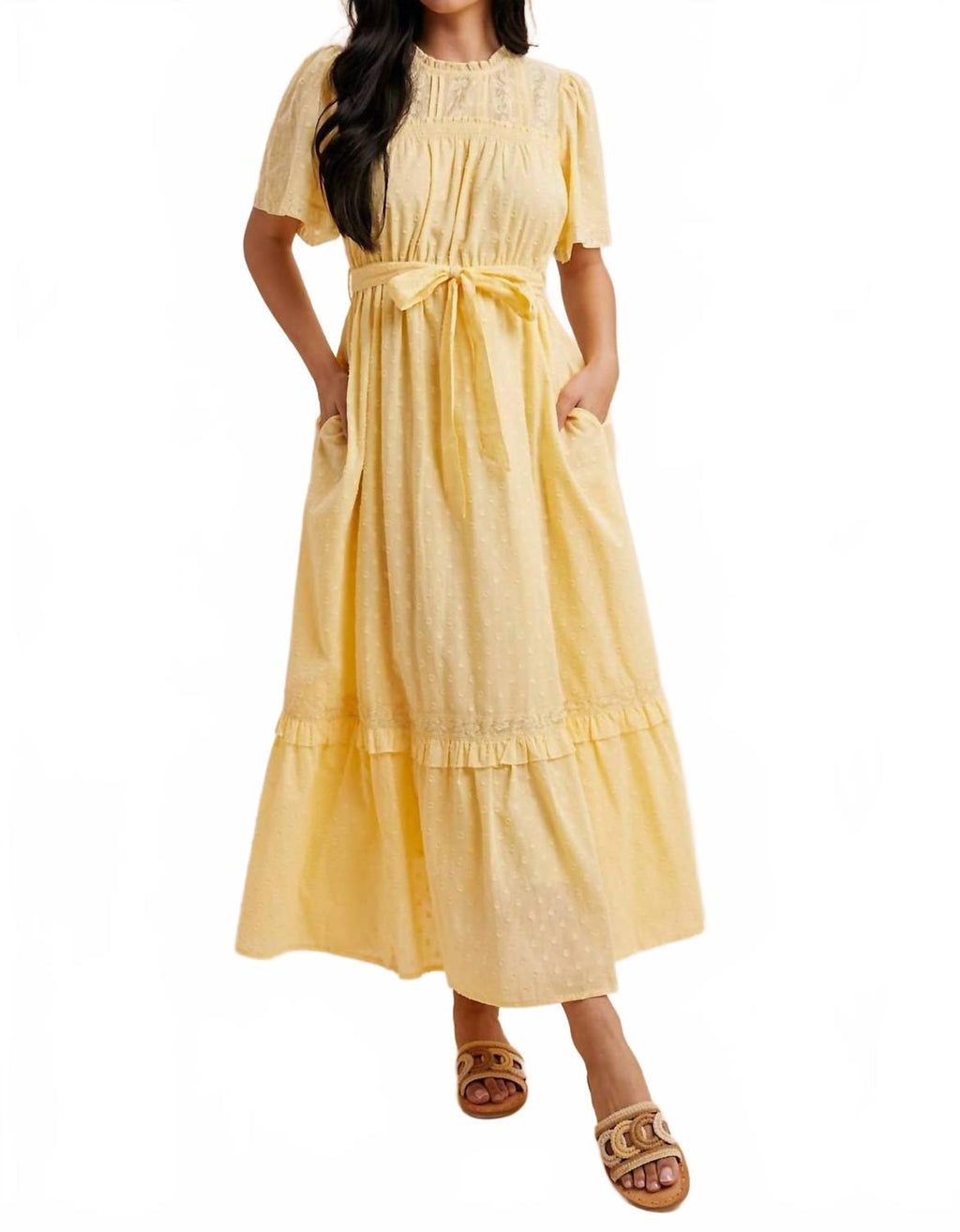 Swiss Dot Flutter Sleeve Maxi Dress In Lemon Water