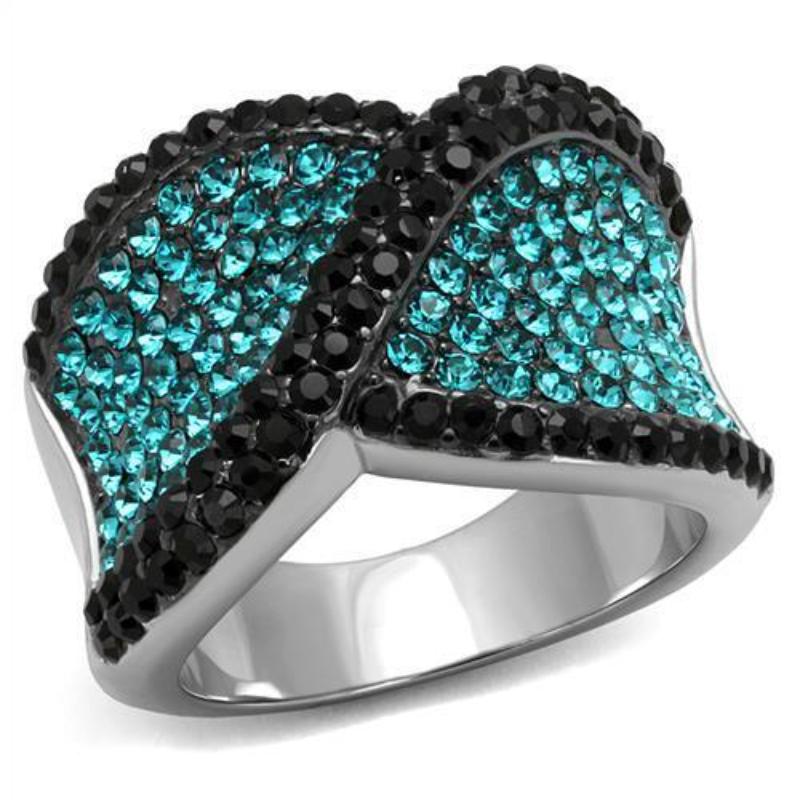 Two-Tone IP Black Stainless Steel Ring with Top Grade Crystal in Blue Zircon