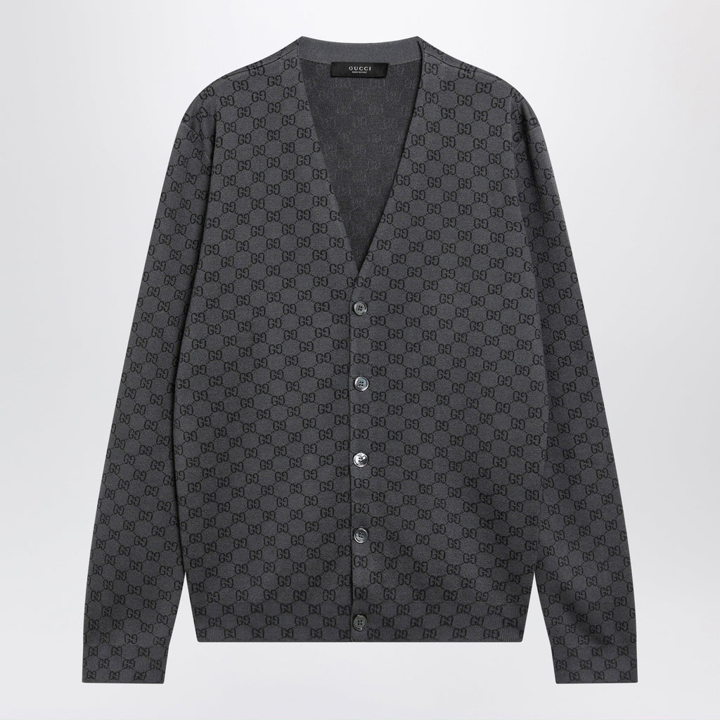 Gucci Grey Wool And Silk Cardigan With Gg Motif Men