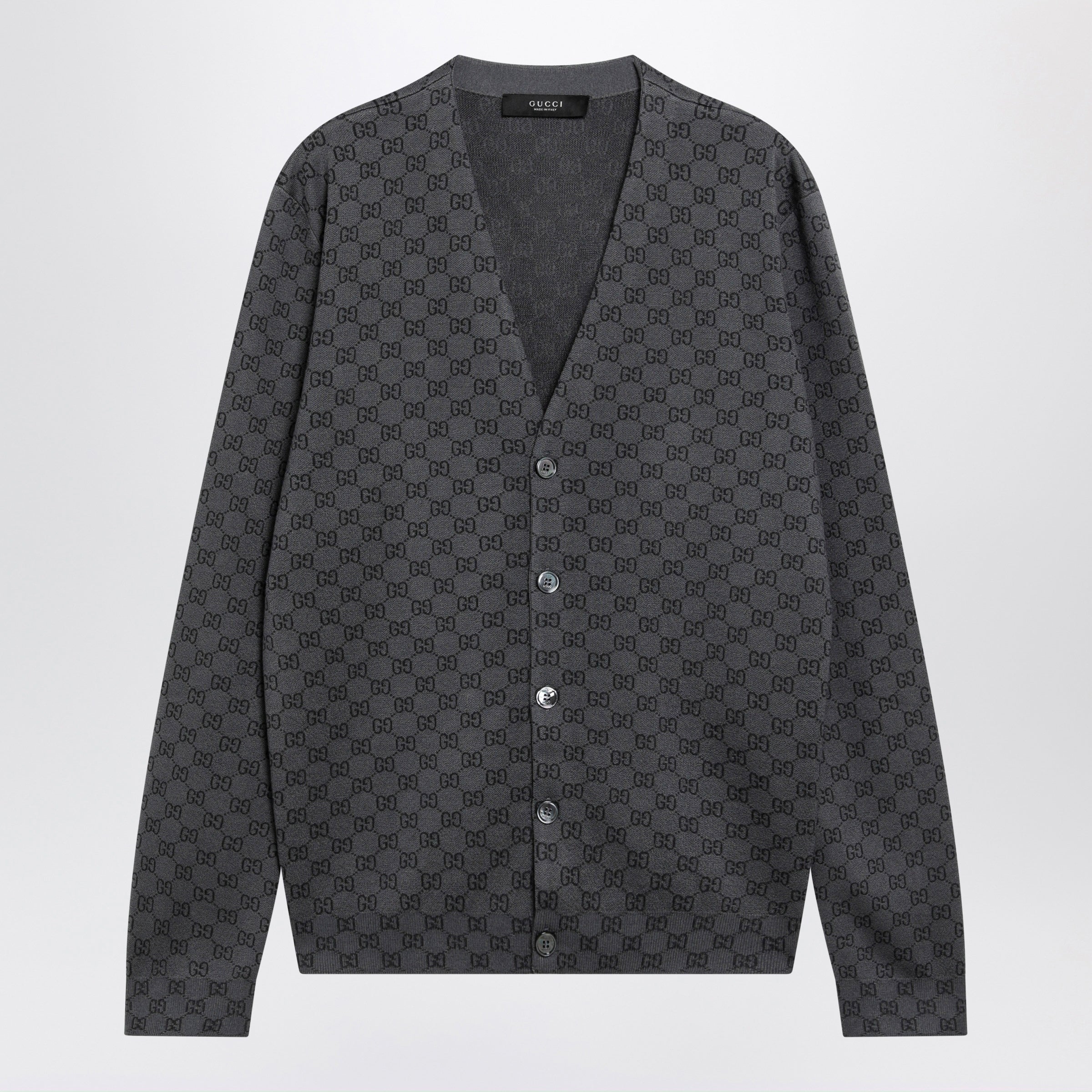 Gucci Grey Wool And Silk Cardigan With Gg Motif Men